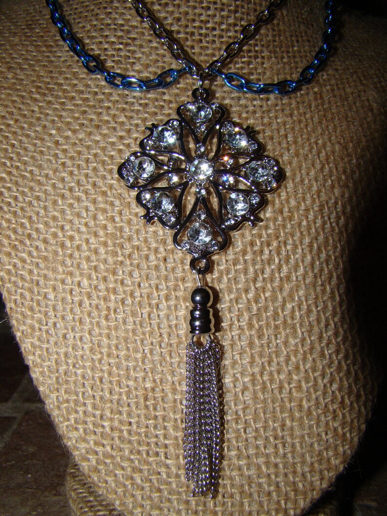 Crystal Pendant with Silver and Blue Chain Draped Boot Bracelet Ankle Jewelry Gift for Her
