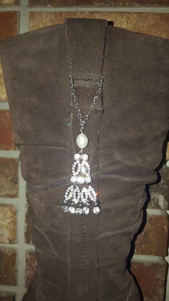Silver-Toned Rhinestone Crystal Swag Bling Boot Pull Strap Pendant Charm Bracelet Jewelry Gift for Her