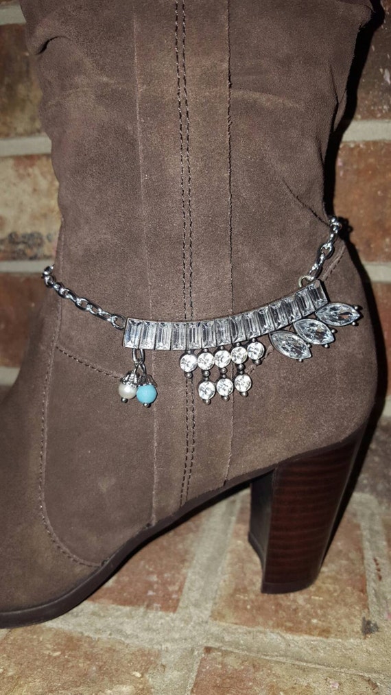 Silver-Toned Rhinestone Crystal Swag Bling Boot Pull Strap Pendant Charm Bracelet Jewelry Gift for Her