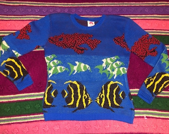 Vintage 70s 80s Punk Label Betsey Johnson New Wave style Novelty Fish Pattern Sweater