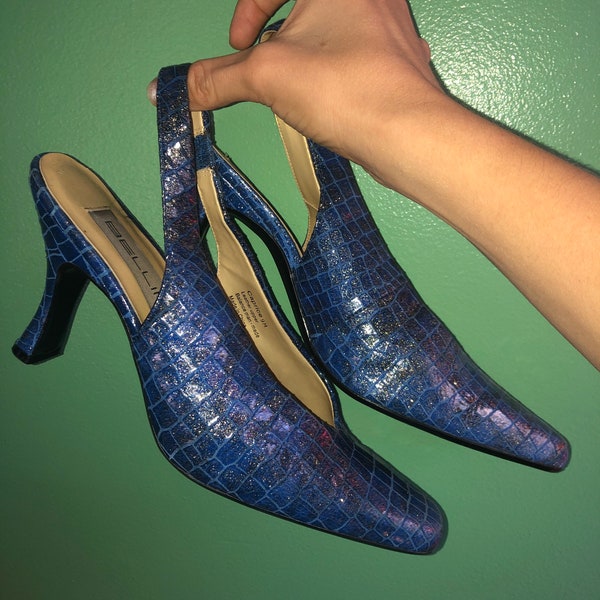 Vintage 80s Italian Italo-disco style sparkly cobalt sling backs by Bellini, size 9.. Italodisco!