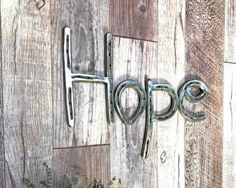 Horseshoe Hope sign, new year inspiration, horseshoe letters, horse shoe name sign, cute boho metal sign, simple word sign, inspirational