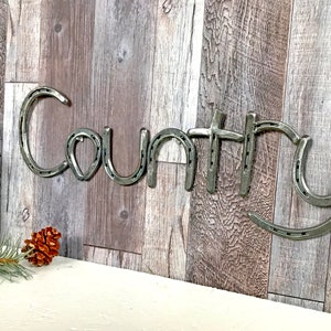 May include: The word "Country" spelled out using horseshoes. The horseshoes are silver in color and are mounted on a wood background.