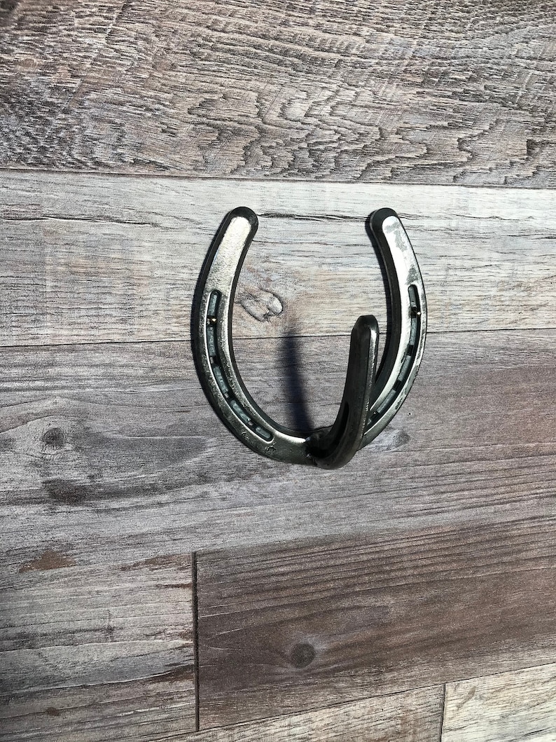 May include: A silver horseshoe shaped hook mounted on a wood panel wall.