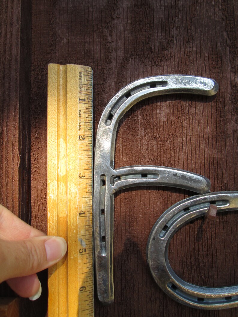 K&ouml;nnte beinhalten: Zwei silberne Hufeisen sind miteinander verbunden, um den Buchstaben "F" zu bilden. Die Hufeisen sind etwa 15 cm hoch und werden an einem Holzlineal gemessen.