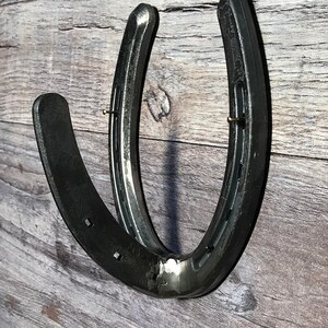 May include: Two black metal horseshoes welded together to form a U-shape. The horseshoes are mounted on a wooden wall.