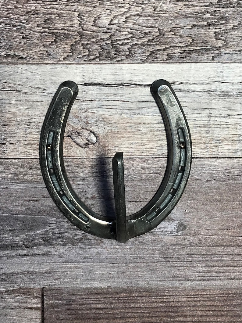 May include: A silver horseshoe with a metal hook attached to the bottom. The horseshoe is mounted on a wooden surface.