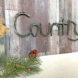 May include: A metal sign spelling out the word "Country" using horseshoes. The sign is mounted on a wood panel background.