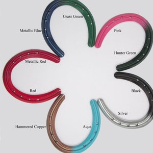 May include: A set of eight horseshoes in various colors, including metallic blue, metallic red, red, hammered copper, aqua, silver, black, pink, grass green, and hunter green.