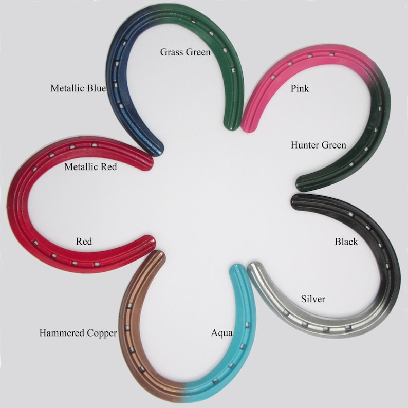 K&ouml;nnte beinhalten: Ein Satz von zehn Hufeisen, die in verschiedenen Farben lackiert sind, darunter Metallic-Blau, Grasgr&uuml;n, Pink, J&auml;gergr&uuml;n, Metallic-Rot, Rot, geh&auml;mmertes Kupfer, Aqua, Silber und Schwarz.