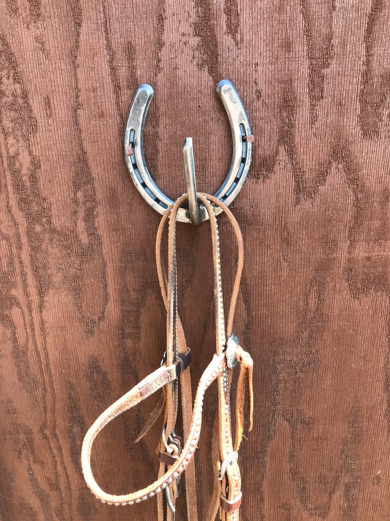 May include: A silver horseshoe hook mounted on a wooden wall with three leather reins hanging from it.