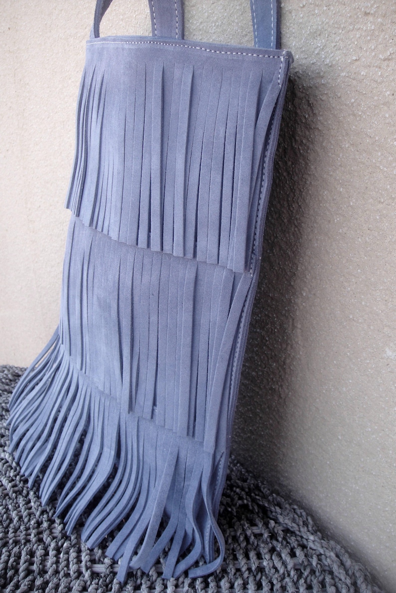 with fringes in light blue FREE SHIPPING WORLDWIDE Mini suede tote bag