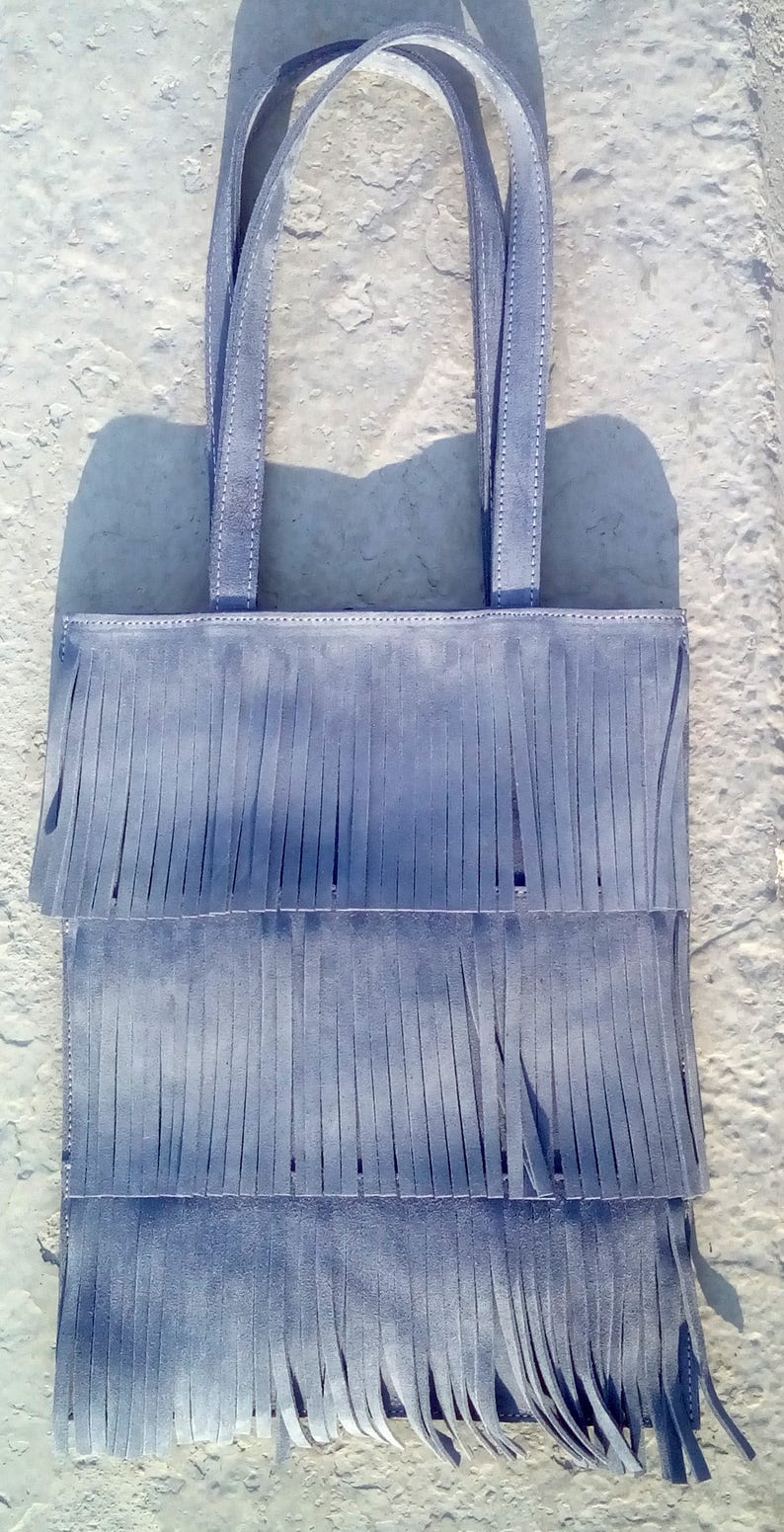 with fringes in light blue FREE SHIPPING WORLDWIDE Mini suede tote bag