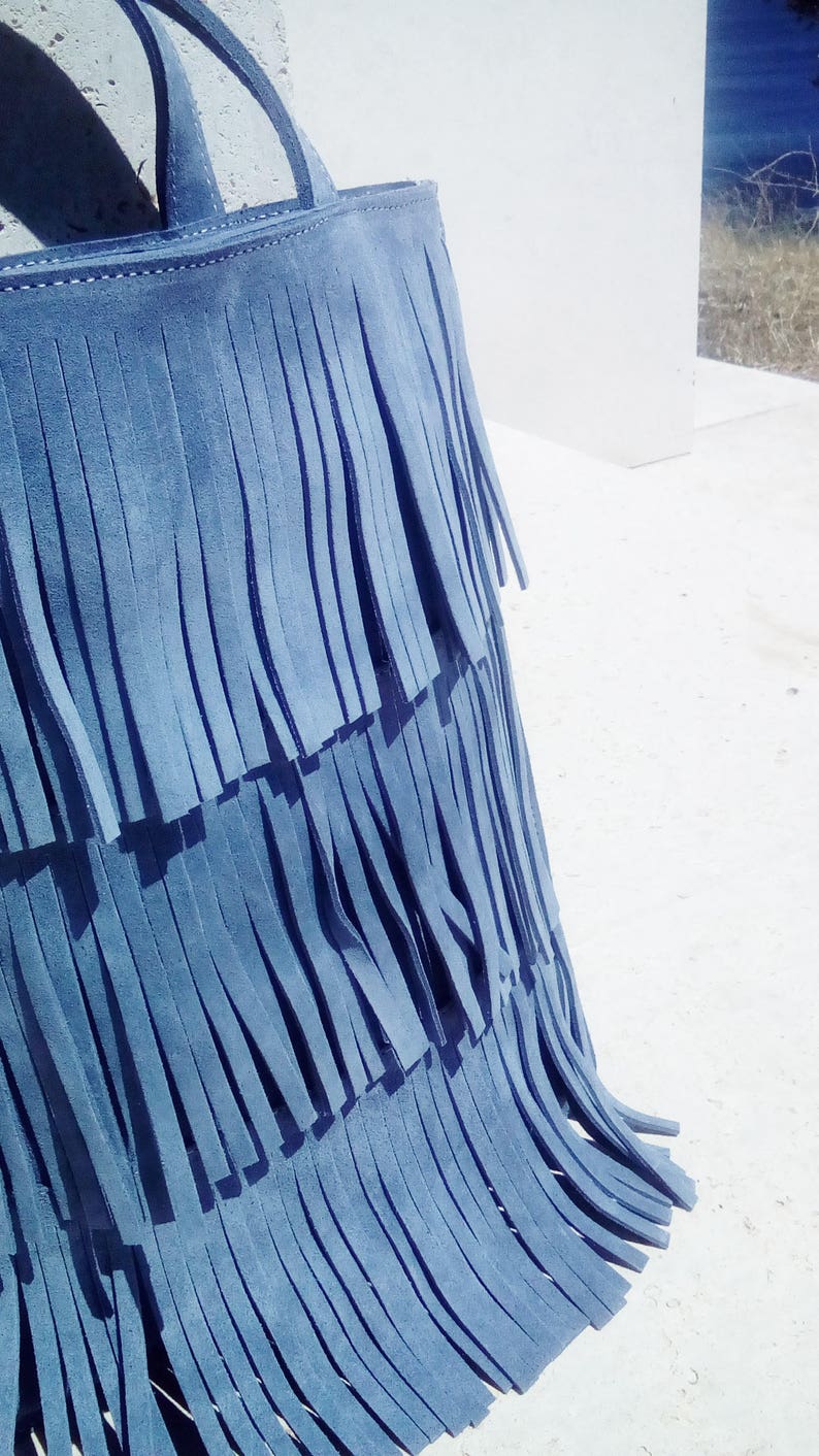 with fringes in light blue FREE SHIPPING WORLDWIDE Mini suede tote bag