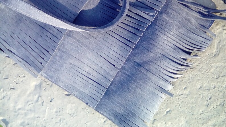 with fringes in light blue FREE SHIPPING WORLDWIDE Mini suede tote bag