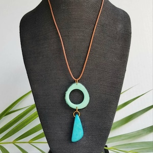 Tagua Nut Pendant. Big, Bold Pendant. Turquoise and Orange or Turquoise and Green Pendant. Long pendant. Large boho pendant. Ecofriendly. image 4