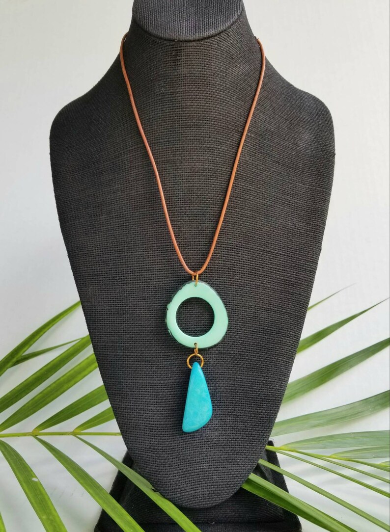 Tagua Nut Pendant. Big, Bold Pendant. Turquoise and Orange or Turquoise and Green Pendant. Long pendant. Large boho pendant. Ecofriendly. image 4
