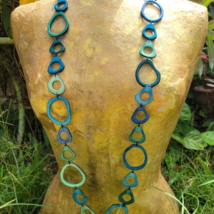 Very Long, Abstract Statement Necklace, Natural Tagua Nut Beads. Contemporary Artisan Necklace in Shades of Ocean Blue. Earth Friendly.