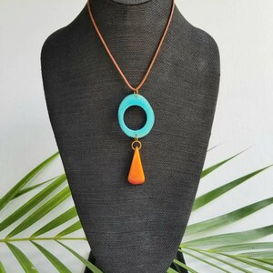 Tagua Nut Pendant. Big, Bold Pendant. Turquoise and Orange or Turquoise and Green Pendant. Long pendant. Large boho pendant. Ecofriendly. image 3