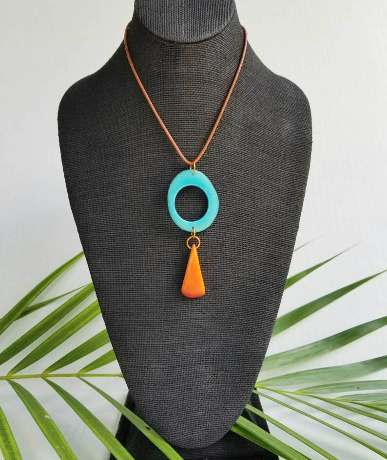 Tagua Nut Pendant. Big, Bold Pendant. Turquoise and Orange or Turquoise and Green Pendant. Long pendant. Large boho pendant. Ecofriendly. image 3