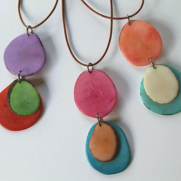 Colorful Tagua Nut Pendant. Tagua Necklace. You choose colors, red, pink, orange, blue, purple...Adjustable Necklace. Natural Jewelry