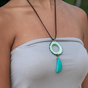 Tagua Nut Pendant. Big, Bold Pendant. Turquoise and Orange or Turquoise and Green Pendant. Long pendant. Large boho pendant. Ecofriendly. image 5