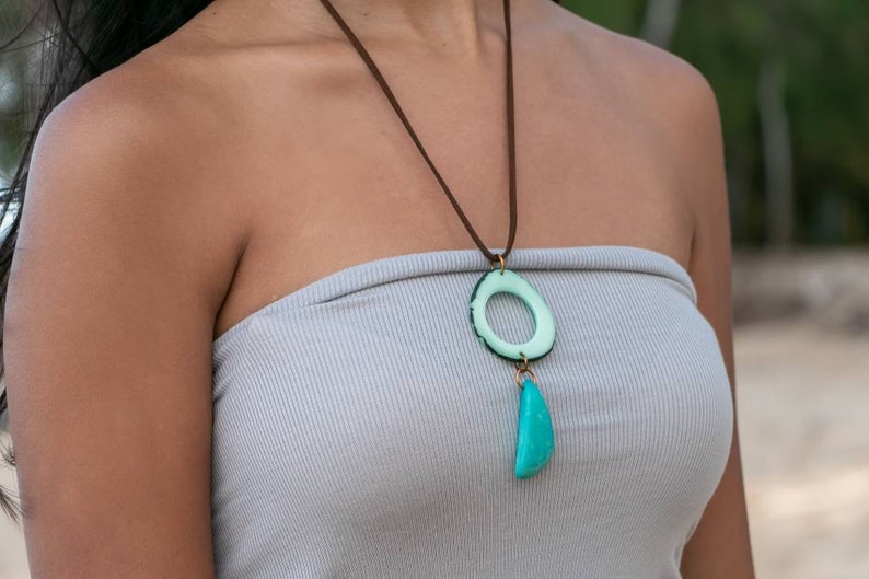 Tagua Nut Pendant. Big, Bold Pendant. Turquoise and Orange or Turquoise and Green Pendant. Long pendant. Large boho pendant. Ecofriendly. image 5