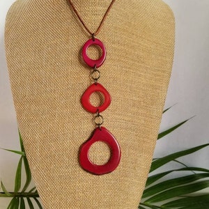 Handmade Tagua Nut Pendant. Big, Bold, Long Pendant. Long Red pendant.  Large Red Statement Necklace . Ecofriendly. Adjustable necklace.