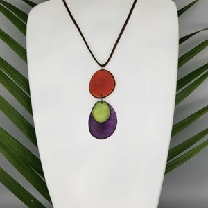 Colorful Tagua Nut Pendant. Choose Colors, Long and Adjustable Necklace. Natural Statement Jewelry, Bold and Colorful Artisan Necklace