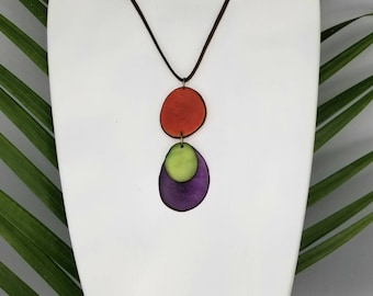 Colorful Tagua Nut Pendant. Choose Colors, Long and Adjustable Necklace. Natural Statement Jewelry, Bold and Colorful Artisan Necklace
