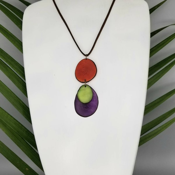 Colorful Tagua Nut Pendant. Choose Colors, Long and Adjustable Necklace. Natural Statement Jewelry, Bold and Colorful Artisan Necklace
