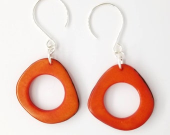 More Colors. Natural Tagua Hoops in Red, Pink or Orange. Light Weight and Fair Trade. Sterling Silver and Red. Sterling Silver and Pink.