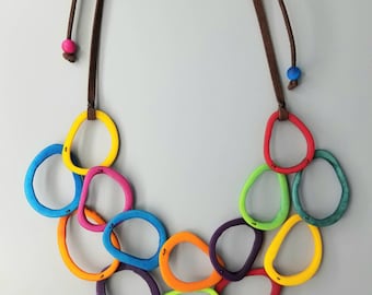 Bold Tagua Nut Bib Style Statement Necklace in Rainbow Brights.  Adjustable, Natural, Fair Trade Tagua Beads