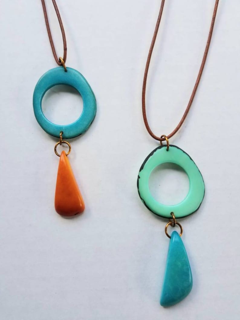Tagua Nut Pendant. Big, Bold Pendant. Turquoise and Orange or Turquoise and Green Pendant. Long pendant. Large boho pendant. Ecofriendly. image 1