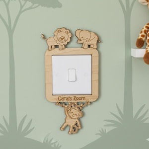 Personalised Safari Animals Light Switch Surround, Wooden Nursery Light Cover, Children Bedroom Decoration, Baby Room Gift with Name