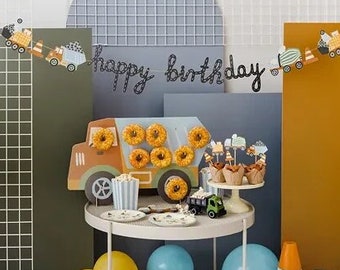 Construction Vehicle Birthday Party Supplies, Digger Truck Napkins, Boys Happy Birthday Banner, Party Napkins Plates, Donut Treat Sweet Wall