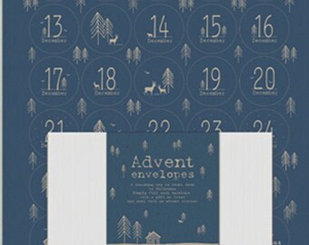 14 Advent Calendar Envelopes Advent Stickers, Christmas DIY Advent, Christmas Calendar, Christmas Countdown,  Navy Trees