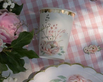 10 Pastel Colour Floral Cups, Botanical Party Tableware, Pink Gold Birthday Wedding Paper Cups, Tea Party Cups