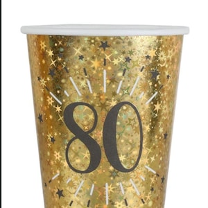 10 Black And Gold 80th Birthday Paper Party Cups, 80th Party Tableware, 80th Birthday Decorations, Gold Party, Paper Party Cups