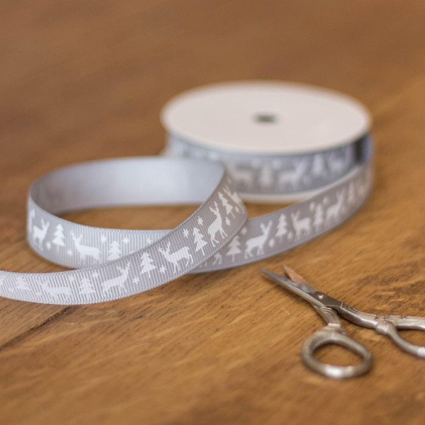 Grey Stag Christmas Ribbon, Craft Ribbon, Festive Ribbon, Christmas Gift Wrapping, Grey Ribbon, Grosgrain Ribbon, 5m