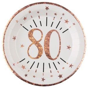 10 Rose Gold 80th Birthday Paper Plates, Sparkling Foil 80th Party Tableware, 80th Birthday Party, Age 80 Rose Gold Milestone Partyware