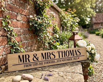 Personalised Wooden Mr Mrs Wedding Sign, Custom Couples Keepsake with Name and Date, Oak Gift, Home Decoration