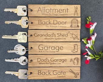 Personalised Wooden Keyring Gift, Engraved Oak Key Ring, Engraved Key Chain, Gift For Dad Grandad Him Her, Shed Door Allotment Gate Garage