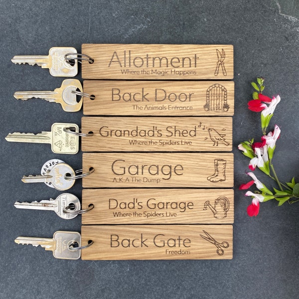 Personalised Wooden Keyring Gift, Engraved Oak Key Ring, Engraved Key Chain, Gift For Dad Grandad Him Her, Shed Door Allotment Gate Garage