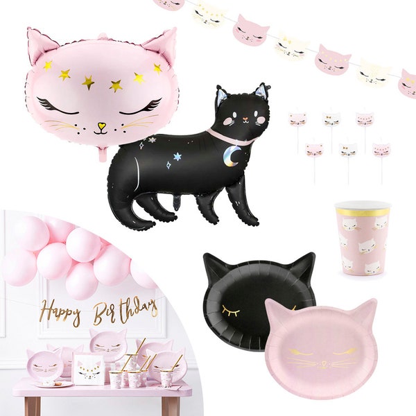 Cat Party Supplies, Girls Pink Animal Partyware, Cat Plates, Cat Face Balloons, Cat Candles, Cat Hanging Garland, Pink Cat Cups, Decorations