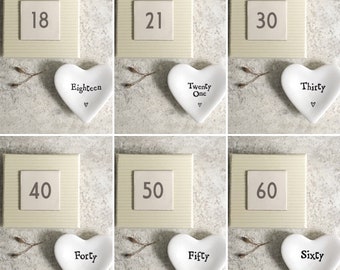 Mini Personalised Heart Ring Dish, Milestone Birthday Present, Porcelain Jewellery Keepsake 18th 21st 30th 40th 50th 60th Birthday Gift