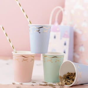 6 Pastel Paper Cups with Gold Foiled Bow, Disposable Cups for Celebrations and Parties, Birthday Wedding Partyware