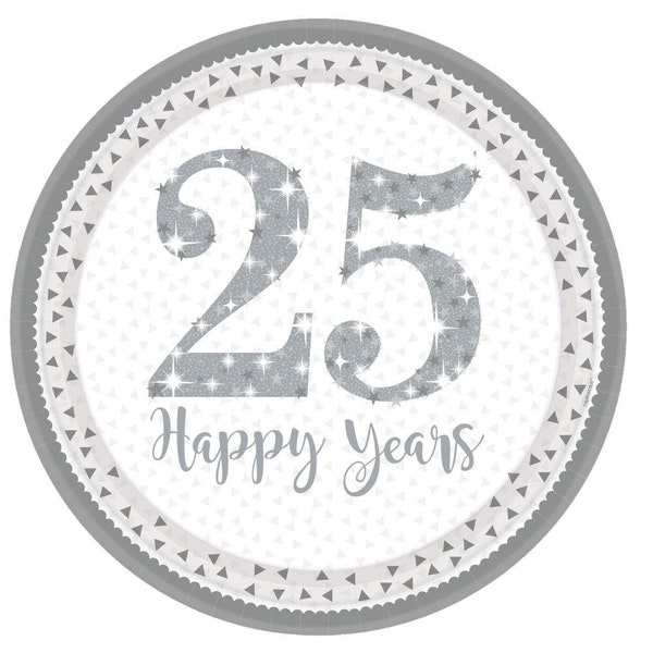 8 Silver 25th Anniversary Paper Plates, Silver Anniversary Tableware, 25th Anniversary Partyware, 25 Happy Years Party Plates