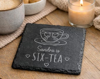 Personalised Birthday Slate Coaster – Engraved Birthday Gift for Him or Her – Custom 60th Gift Six Tea