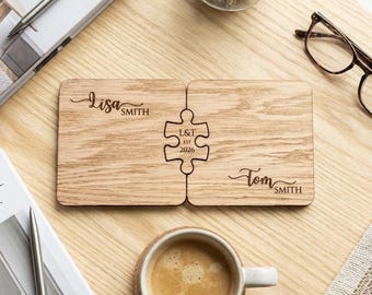 Personalised Couples Wooden Coaster with Jigsaw Token, Name and Date Gift, Rustic Wedding Present, Meaningful Couple Keepsake
